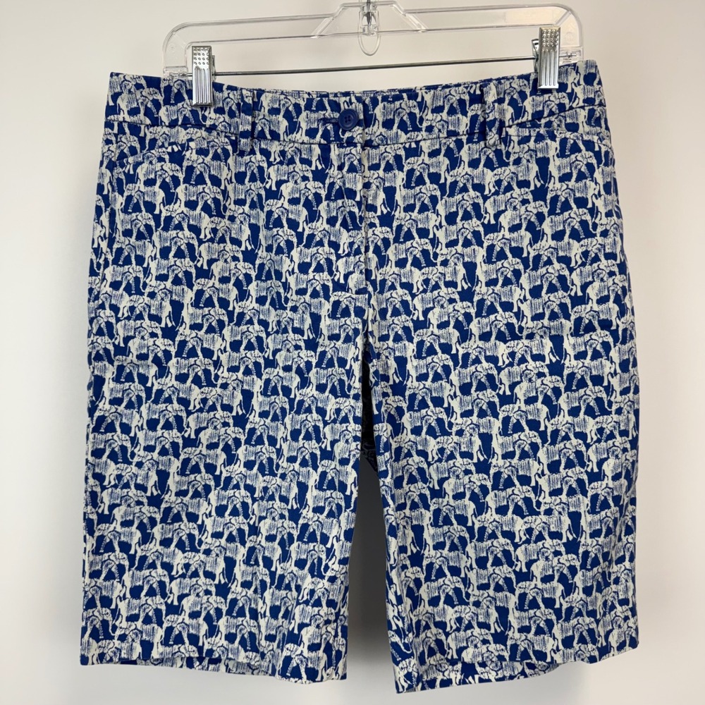 Talbots The Perfect Short Womens 6 Blue White Elephant Print Cotton Stretch 10in